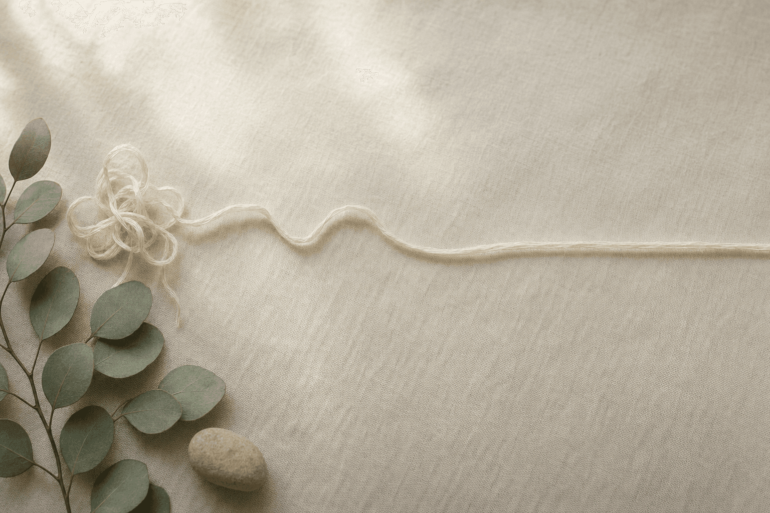A soft thread gently unraveling on cream linen with a sage eucalyptus sprig