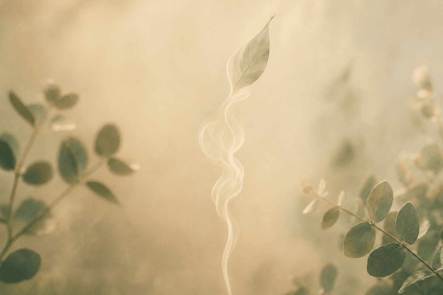 A soft wisp of cream-white smoke dissolving into the shape of a green leaf