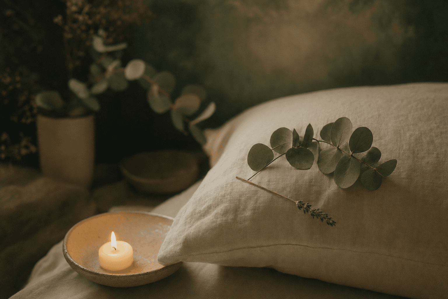 A cream pillow with eucalyptus and lavender beside a softly glowing candle