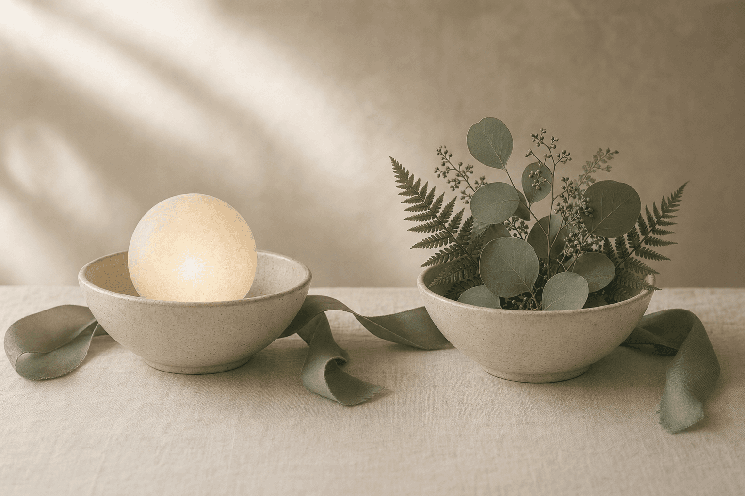 Two cream ceramic bowls side by side on linen, one holding light, one holding leaves