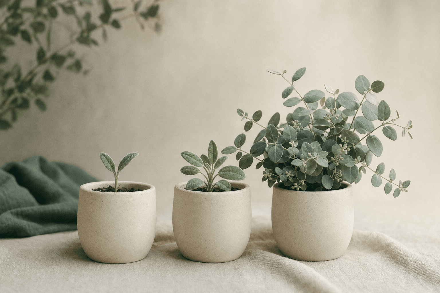 Three cream ceramic pots in a row holding sage-green plants of increasing fullness