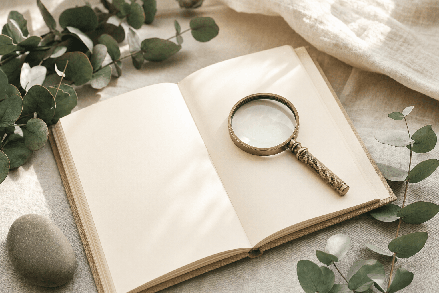 An open notebook with a brass magnifying glass and eucalyptus on cream linen