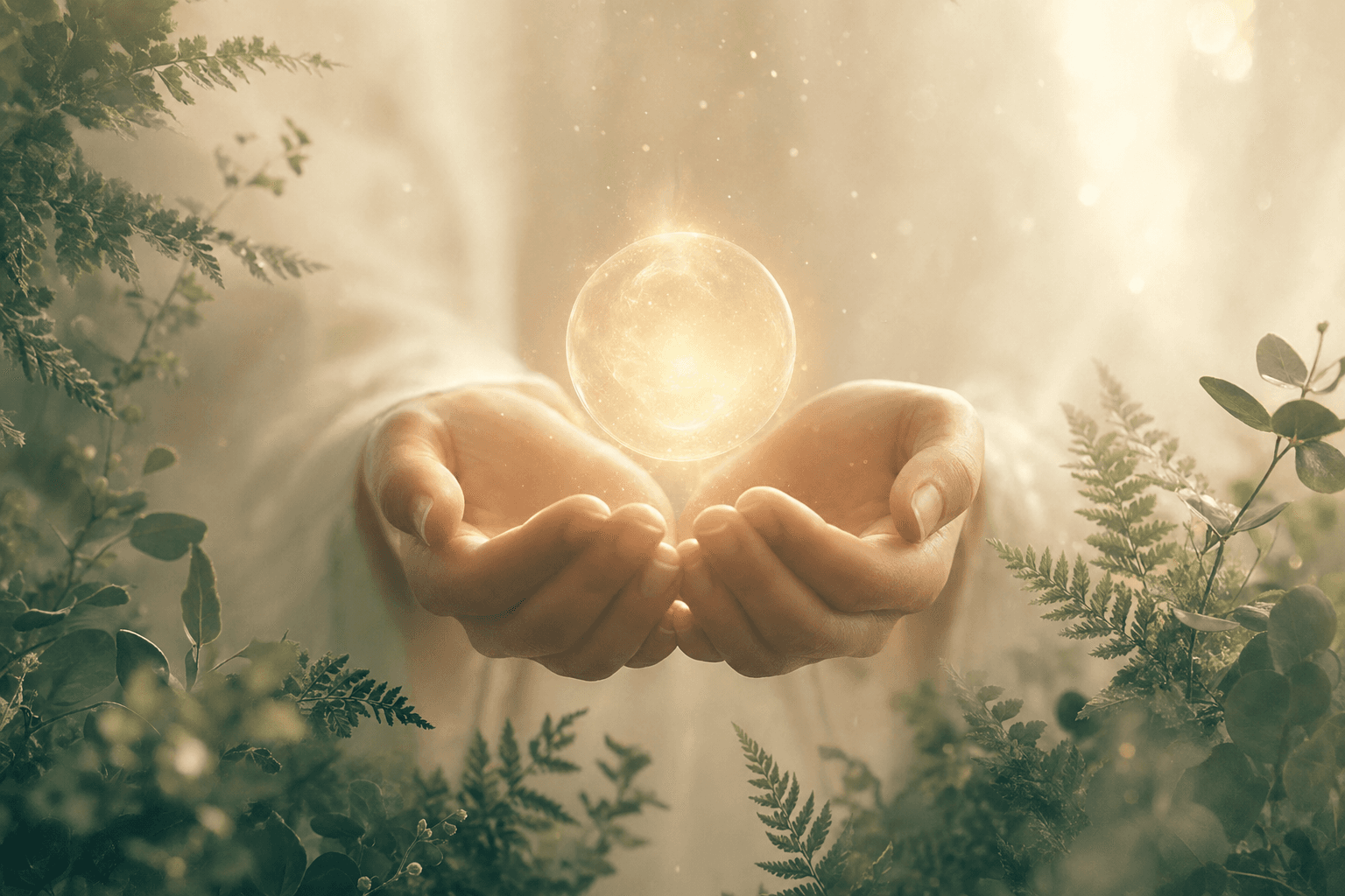 Soft hands holding a glowing orb of light surrounded by botanical leaves