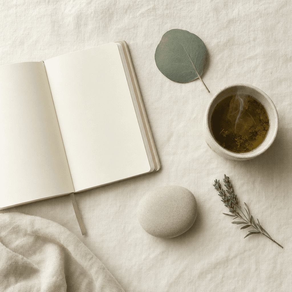 A flat lay of a notebook, leaf, river stone, and a cup of tea on cream linen