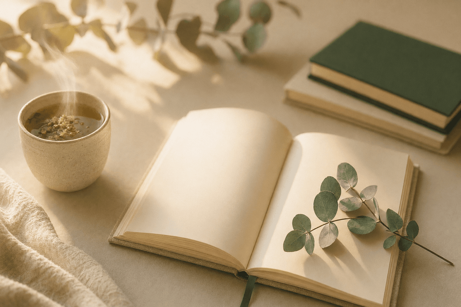 An open notebook with a sage eucalyptus sprig and a steaming cup of tea on a cream linen surface