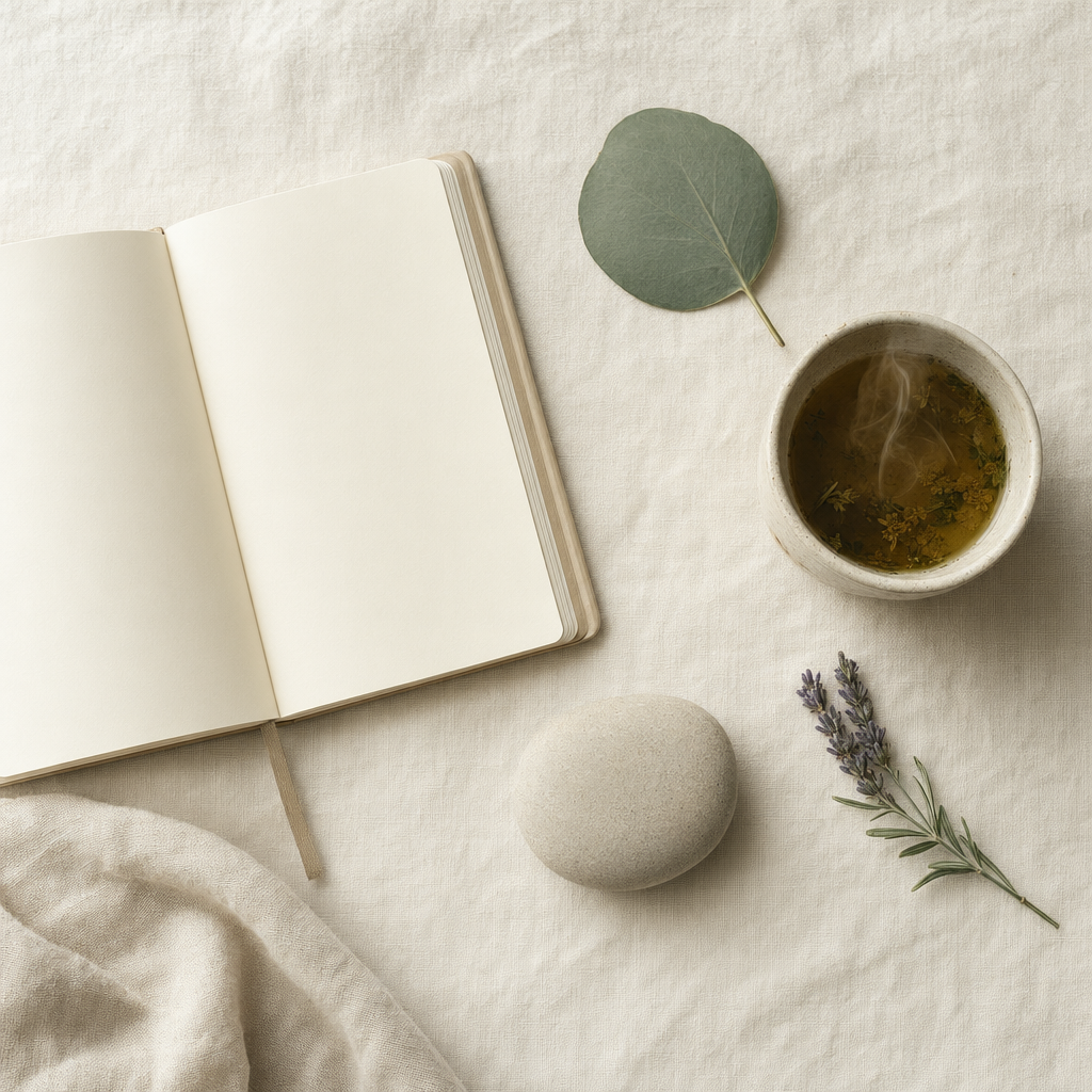 A flat lay of a notebook, leaf, river stone, and a cup of tea on cream linen