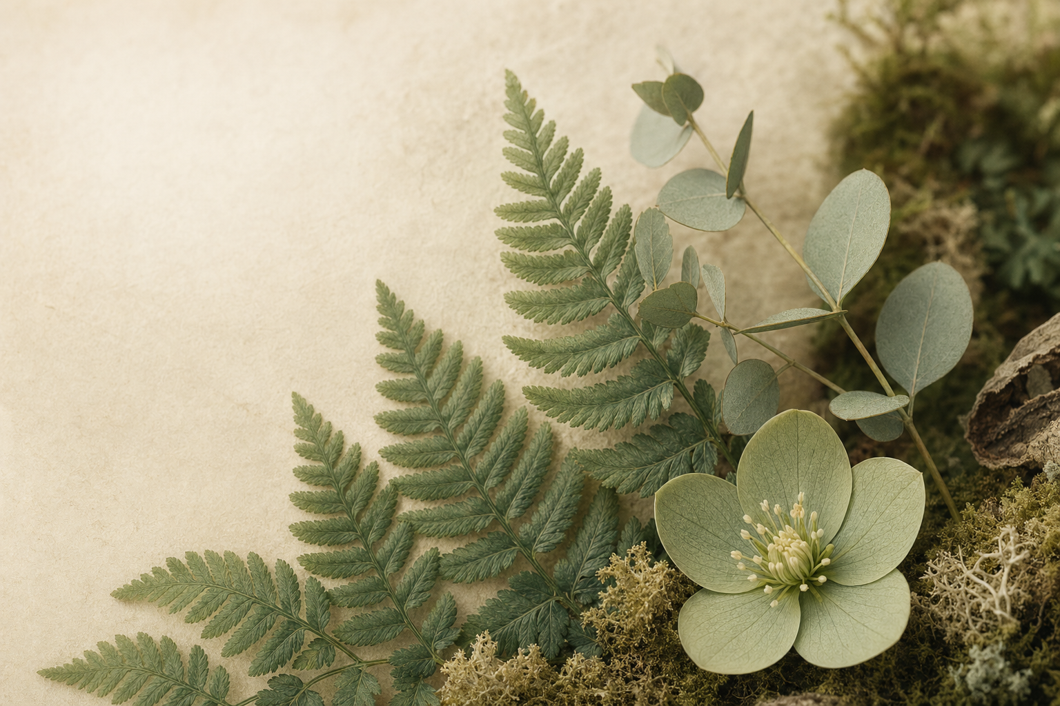 Layered ferns, eucalyptus, and moss on cream parchment