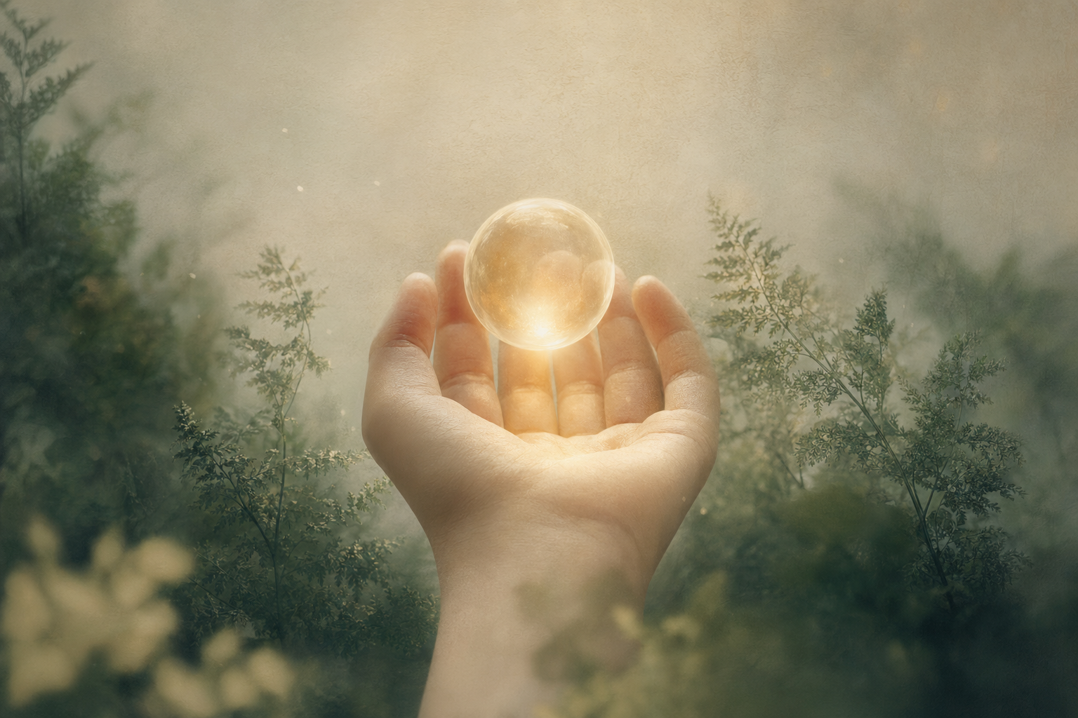 A soft hand cradling a glowing orb of warm light surrounded by green ferns