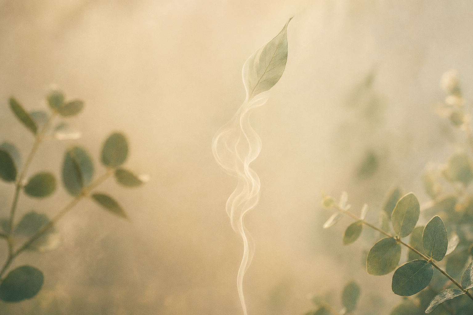 A soft wisp of cream-white smoke dissolving into the shape of a green leaf