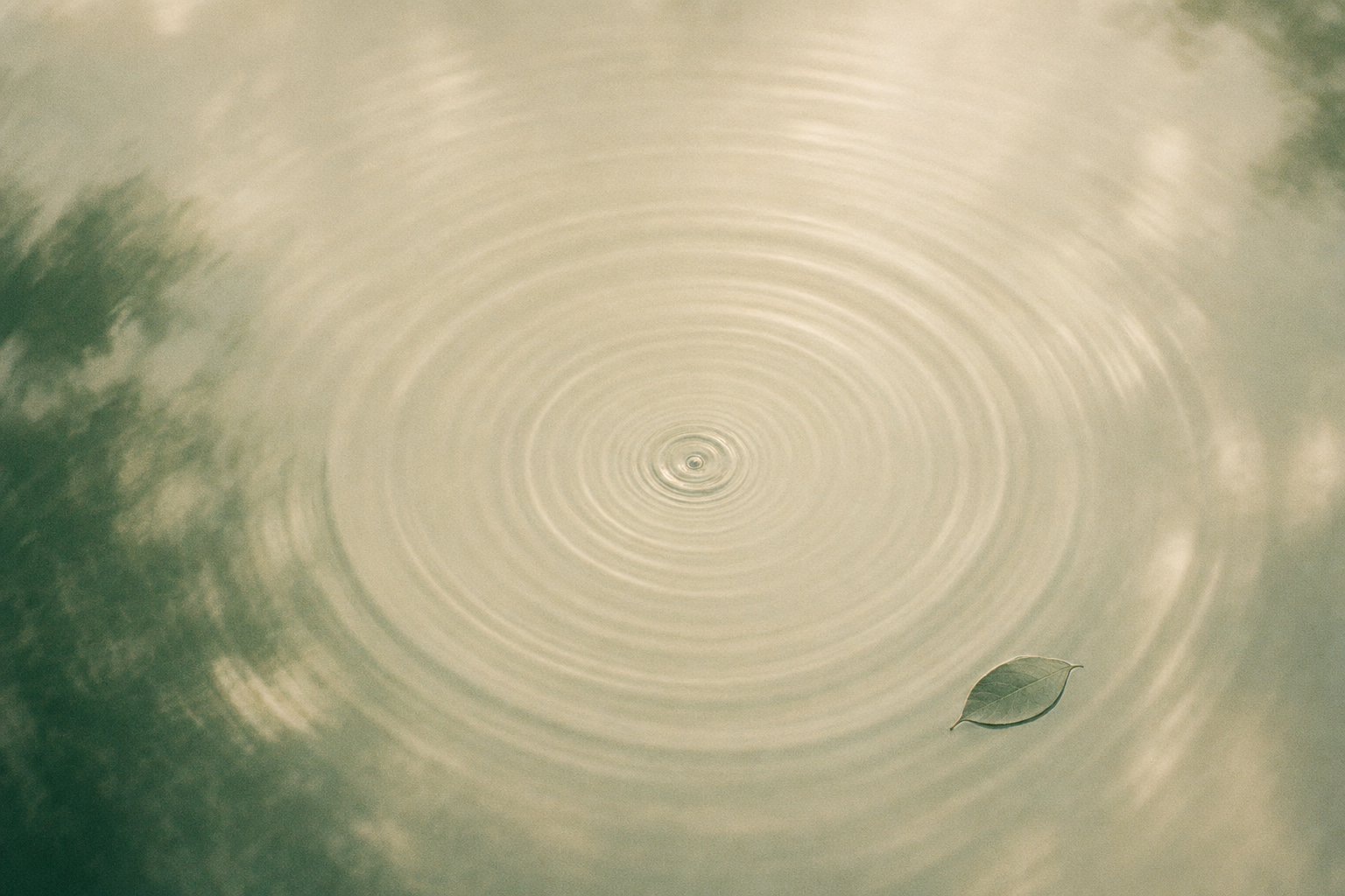 Calm concentric ripples in cream-tinted water with a small floating sage leaf