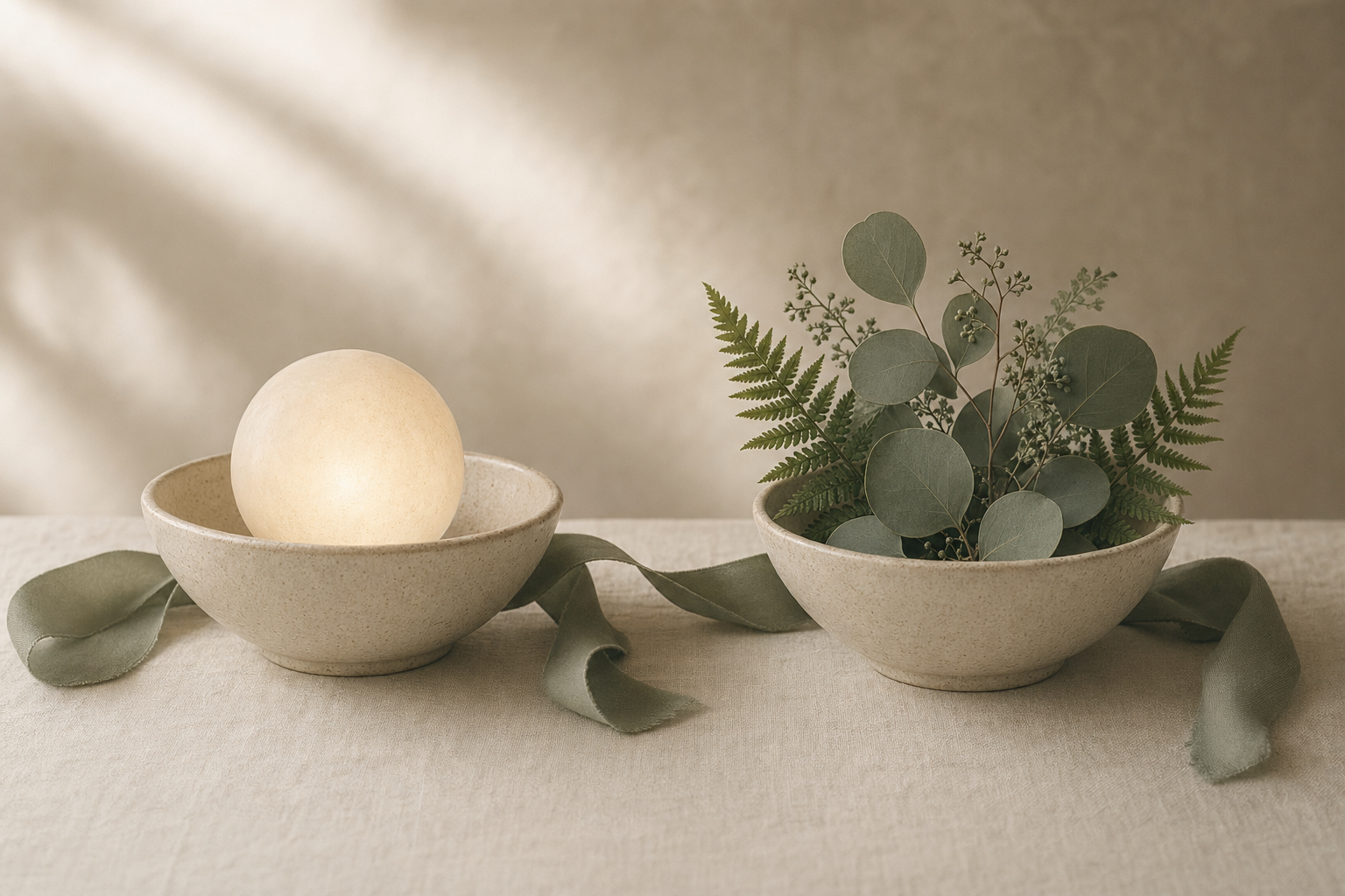 Two cream ceramic bowls side by side on linen, one holding light, one holding leaves