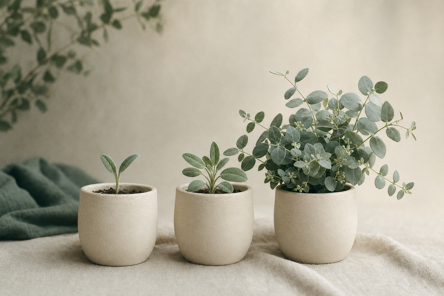 Three cream ceramic pots in a row holding sage-green plants of increasing fullness